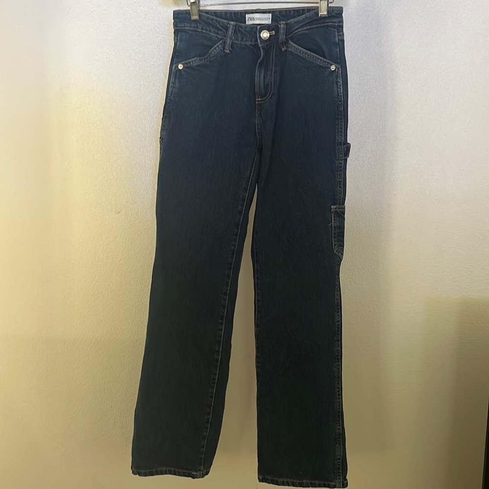 Zara Women’s Dark Blue Carpenter/Utility-Style Denim Jeans Size 34
